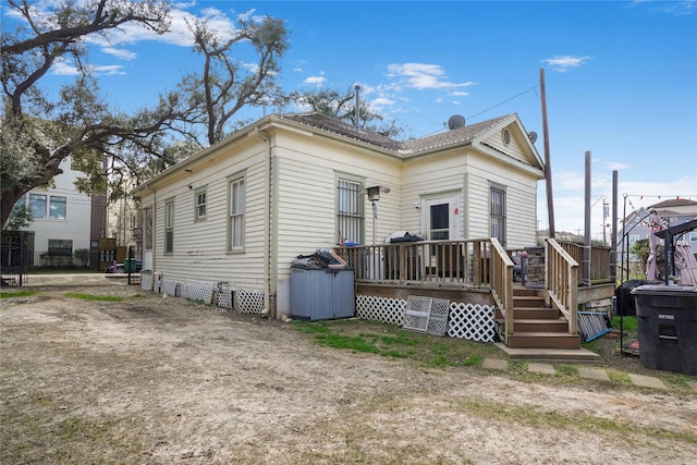 rear view of house with crawl space and a wooden deck