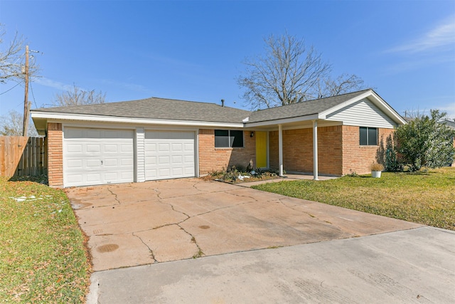 ranch-style house featuring brick siding, concrete driveway, a front yard, fence, and a garage