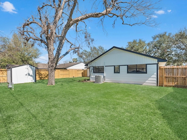 rear view of property with a yard, a fenced backyard, and central air condition unit