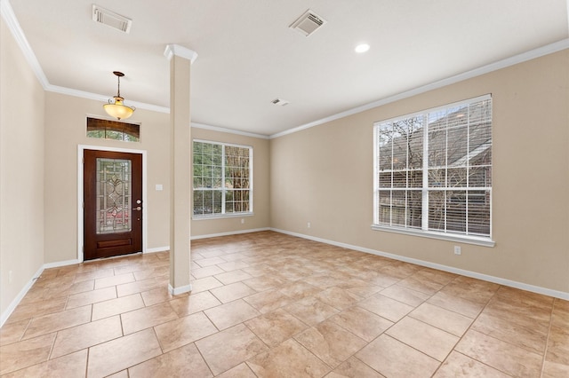 foyer with ornamental molding, visible vents, baseboards, and light tile patterned floors