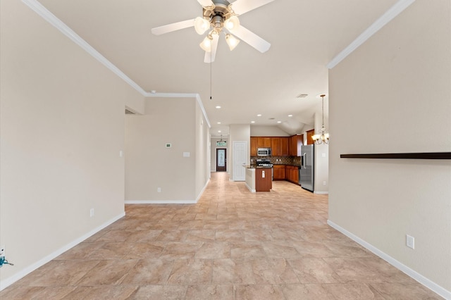 unfurnished living room featuring ornamental molding, recessed lighting, baseboards, and ceiling fan with notable chandelier