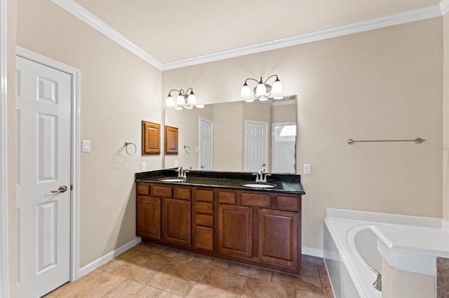 bathroom with a garden tub, double vanity, ornamental molding, and a sink