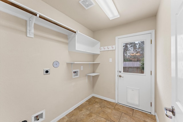 laundry room with laundry area, visible vents, baseboards, hookup for an electric dryer, and washer hookup