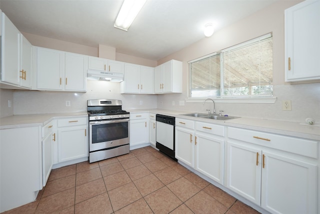 kitchen featuring white cabinets, white dishwasher, under cabinet range hood, a sink, and gas stove