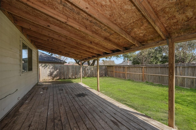 wooden terrace featuring a fenced backyard and a lawn