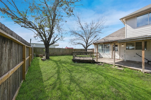 view of yard with a fenced backyard and a deck