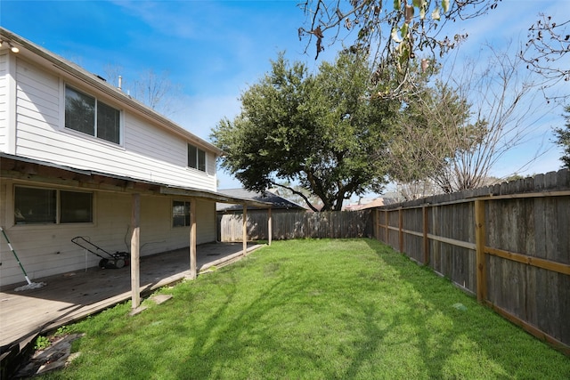 view of yard featuring a fenced backyard and a wooden deck