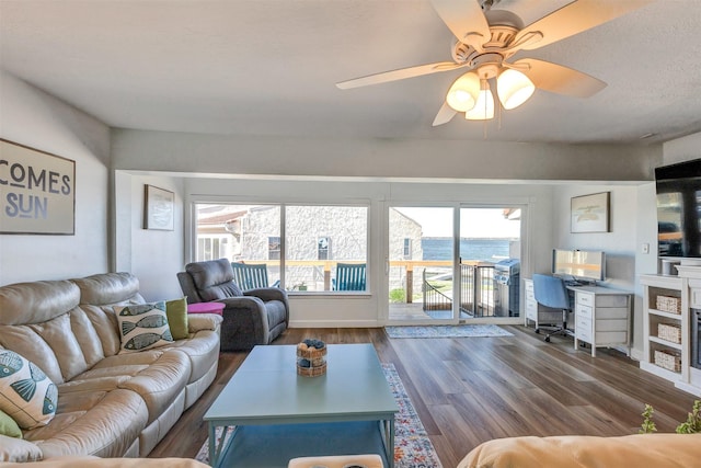 living area featuring ceiling fan and wood finished floors