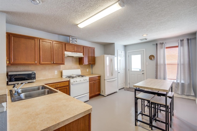 kitchen featuring white appliances, brown cabinetry, light countertops, under cabinet range hood, and a sink