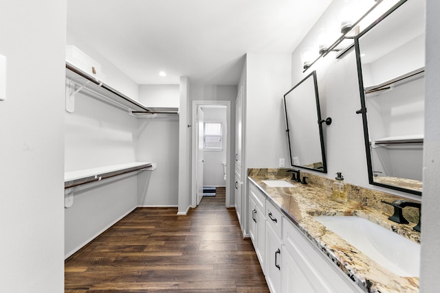 bathroom featuring a walk in closet, a sink, and wood finished floors