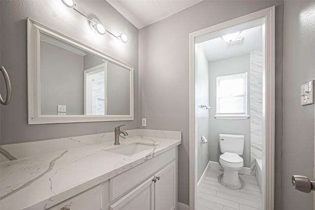 full bath featuring toilet, vanity, visible vents, a shower, and a bath