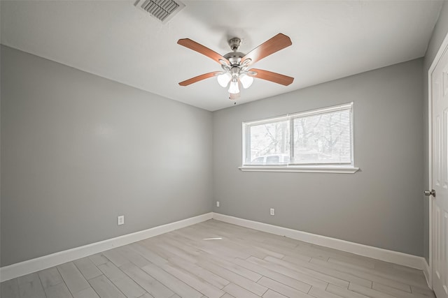 empty room with light wood-style floors, visible vents, ceiling fan, and baseboards