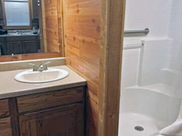 full bath featuring a shower and vanity