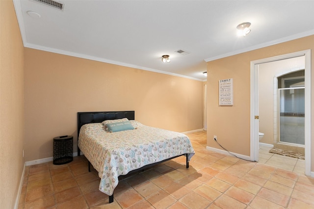 bedroom featuring baseboards, light tile patterned floors, visible vents, and crown molding