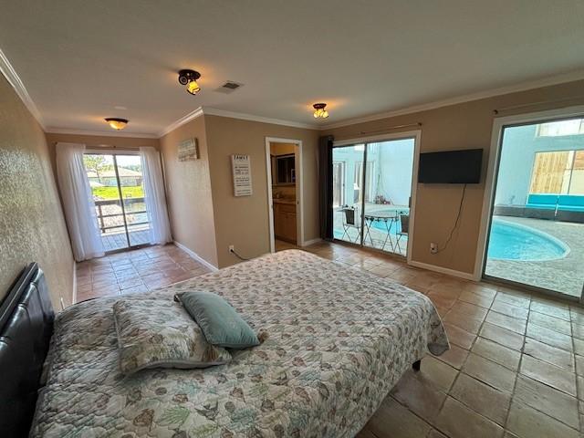 34 Lakeview Dr, Galveston, TX 77551 - bedroom featuring baseboards, visible vents, access to exterior, and ornamental molding