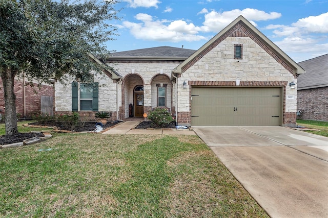 french provincial home with brick siding, roof with shingles, an attached garage, a front yard, and driveway