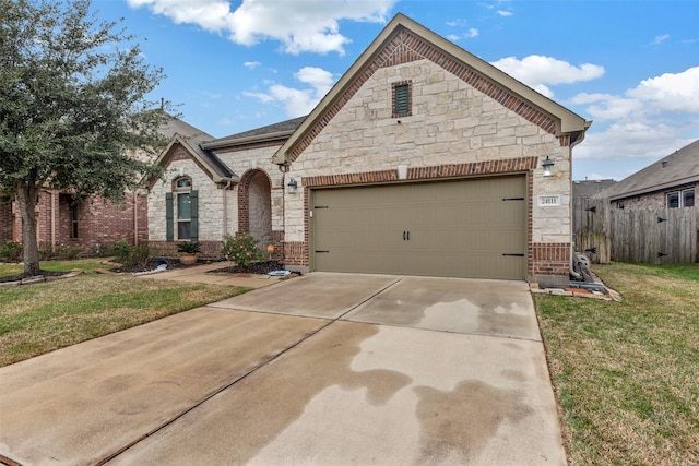 french provincial home with a garage, driveway, a front lawn, and stone siding