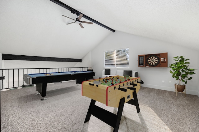 rec room with carpet, vaulted ceiling with beams, a ceiling fan, a textured ceiling, and baseboards