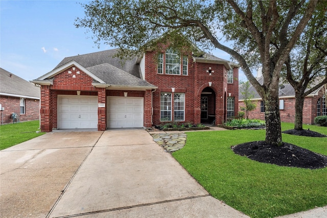 traditional home with driveway, a shingled roof, an attached garage, a front lawn, and brick siding