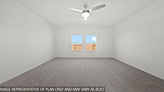 spare room featuring ceiling fan, carpet flooring, and baseboards