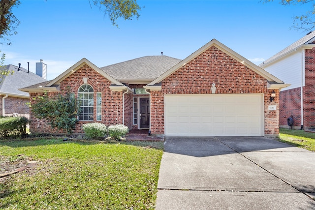 single story home with a garage, brick siding, driveway, roof with shingles, and a front lawn