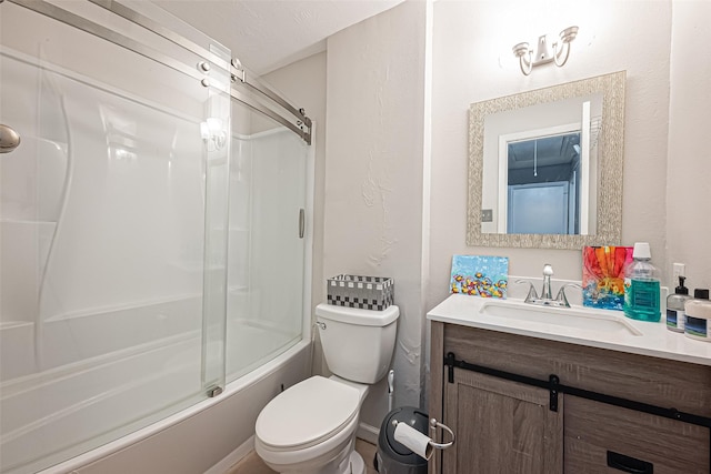 full bathroom with combined bath / shower with glass door, vanity, and toilet