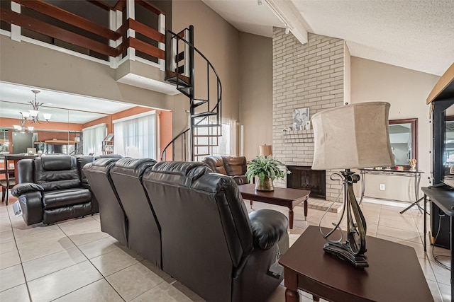 living room featuring light tile patterned floors, an inviting chandelier, a textured ceiling, high vaulted ceiling, and beamed ceiling