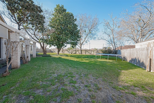 view of yard featuring a fenced backyard and a trampoline