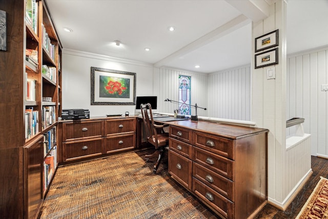 office area with recessed lighting and dark wood finished floors