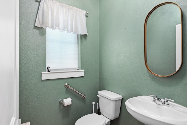 half bath featuring a textured wall, a sink, and toilet