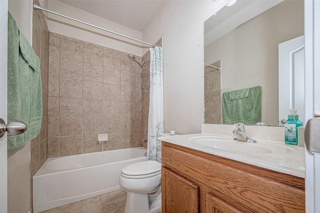 bathroom featuring shower / bath combo, tile patterned flooring, vanity, and toilet