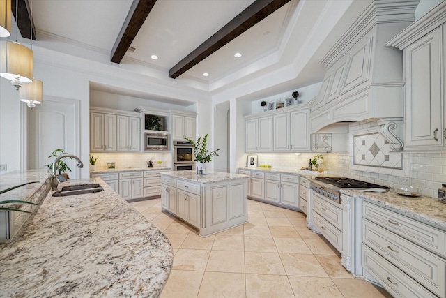 kitchen featuring light tile patterned floors, tasteful backsplash, appliances with stainless steel finishes, a sink, and beam ceiling