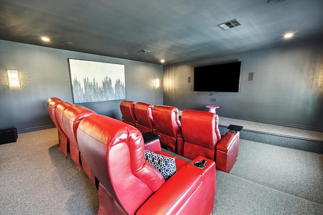 cinema room featuring carpet floors, recessed lighting, visible vents, and baseboards