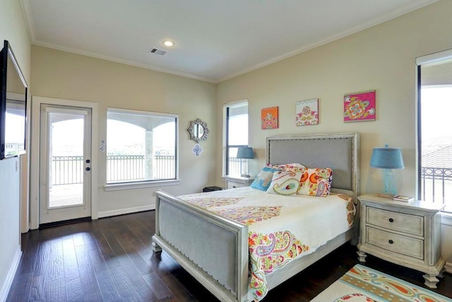 bedroom featuring visible vents, baseboards, access to outside, ornamental molding, and dark wood-style floors