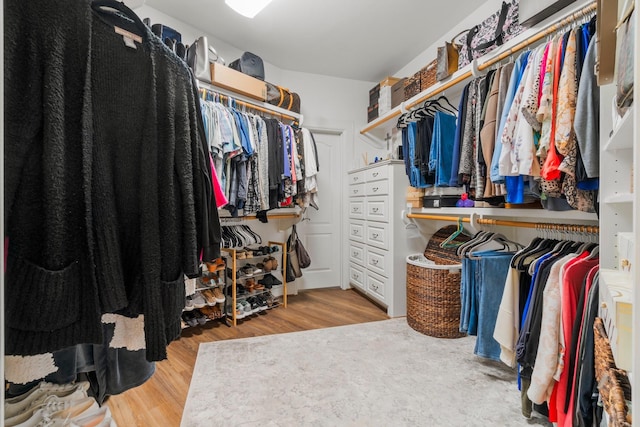 walk in closet with wood finished floors