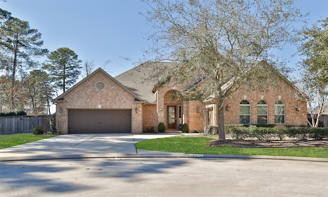 view of front of home featuring concrete driveway, brick siding, an attached garage, and fence