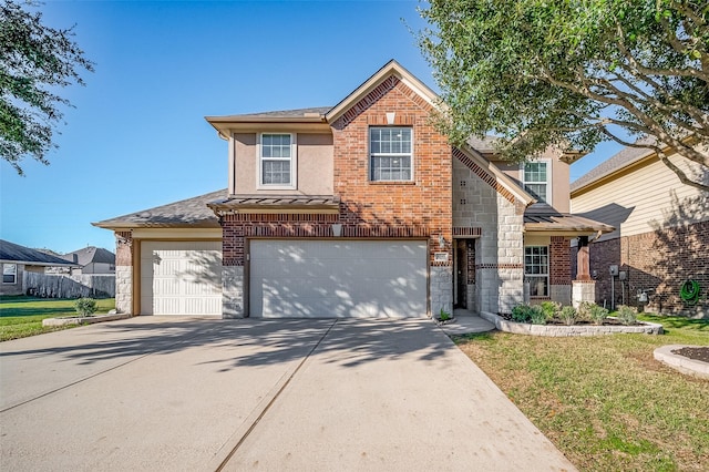 traditional home with a garage, concrete driveway, stone siding, a front lawn, and stucco siding