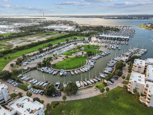 bird's eye view with a water view