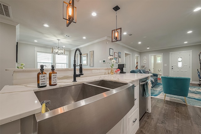 kitchen featuring visible vents, dishwasher, open floor plan, dark wood-type flooring, and light stone countertops