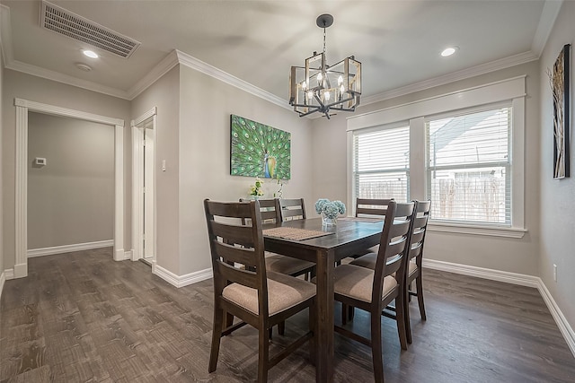 dining area featuring baseboards, visible vents, dark wood-style flooring, and crown molding