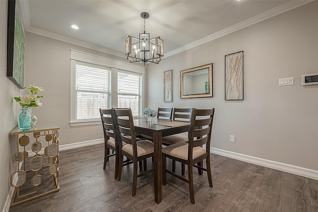 dining area featuring baseboards, dark wood-type flooring, and crown molding