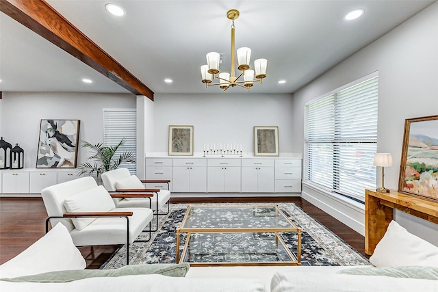 living area with dark wood-style flooring, beam ceiling, and recessed lighting