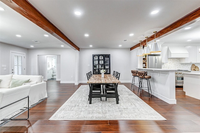 dining space featuring baseboards, dark wood finished floors, beam ceiling, and recessed lighting
