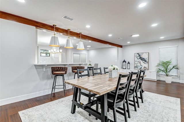 dining room with baseboards, visible vents, beamed ceiling, wood finished floors, and recessed lighting
