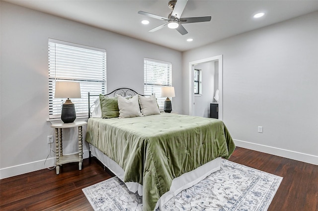 bedroom with ceiling fan, baseboards, wood finished floors, and recessed lighting