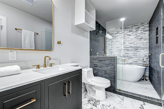 bathroom with visible vents, toilet, a soaking tub, a tile shower, and vanity