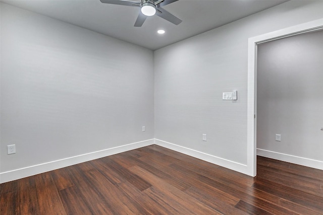 unfurnished room featuring ceiling fan, baseboards, dark wood-style flooring, and recessed lighting