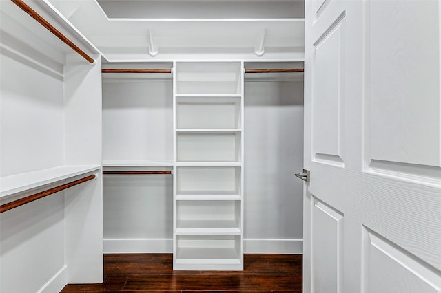walk in closet with dark wood-style flooring