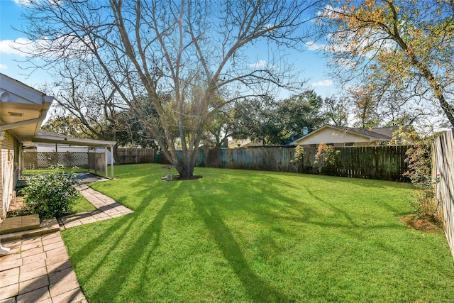 view of yard with a fenced backyard and a patio