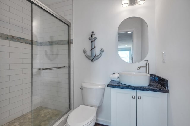 full bathroom featuring toilet, a shower stall, and vanity